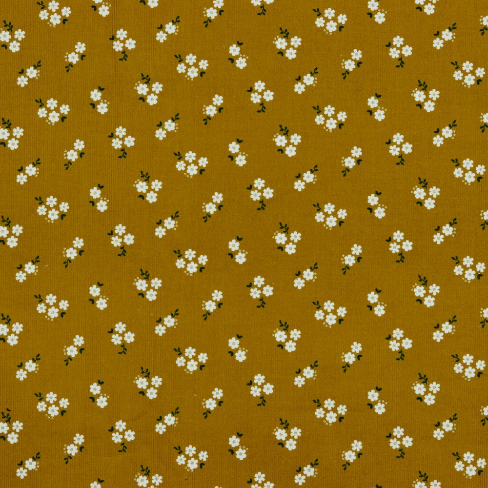 Babycord | bedruckt | kleine Glitzerblumen | Ocker