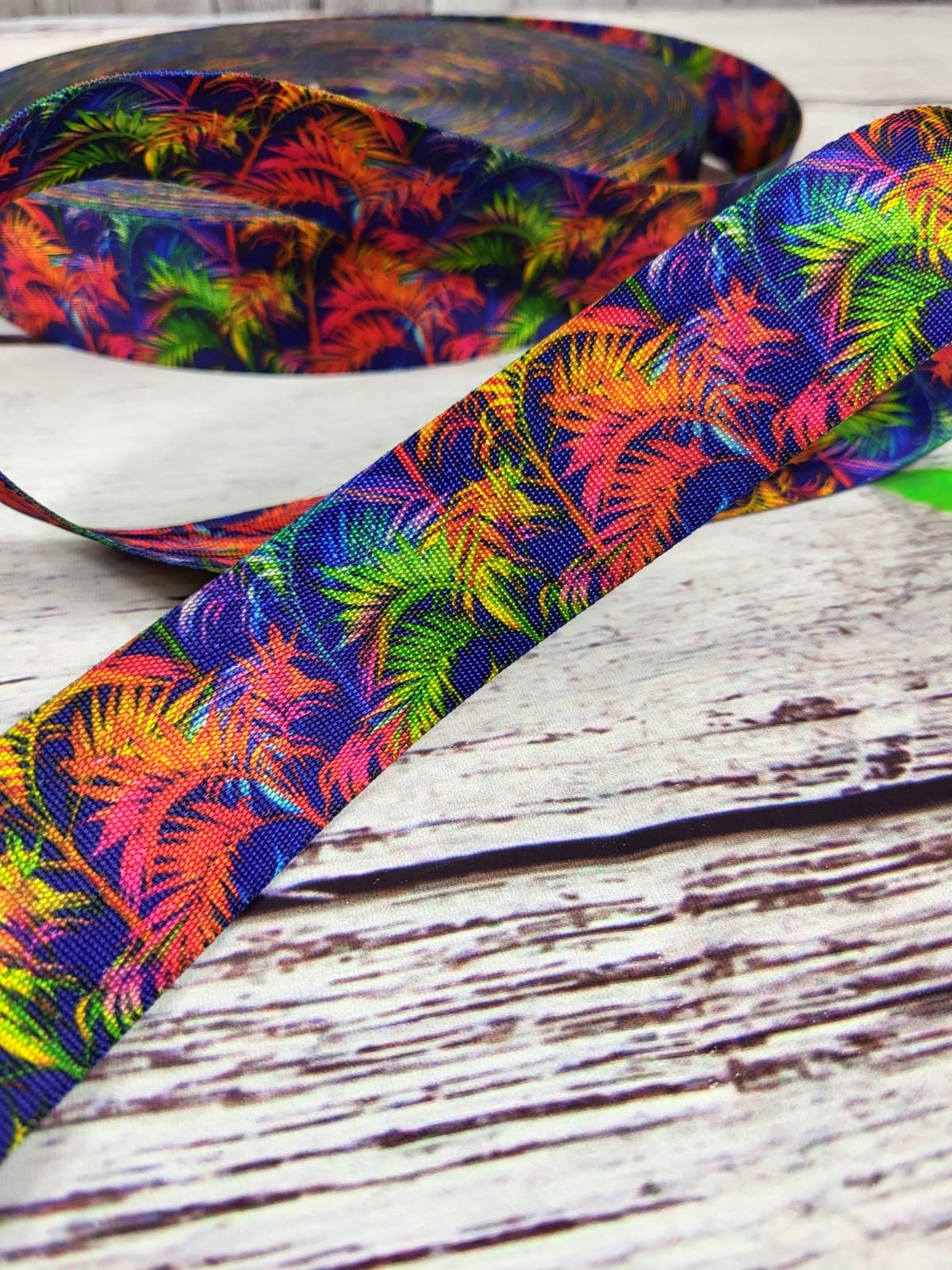 Gurtband | 40mm | beidseitig | bunte Palmen | blau/bunt