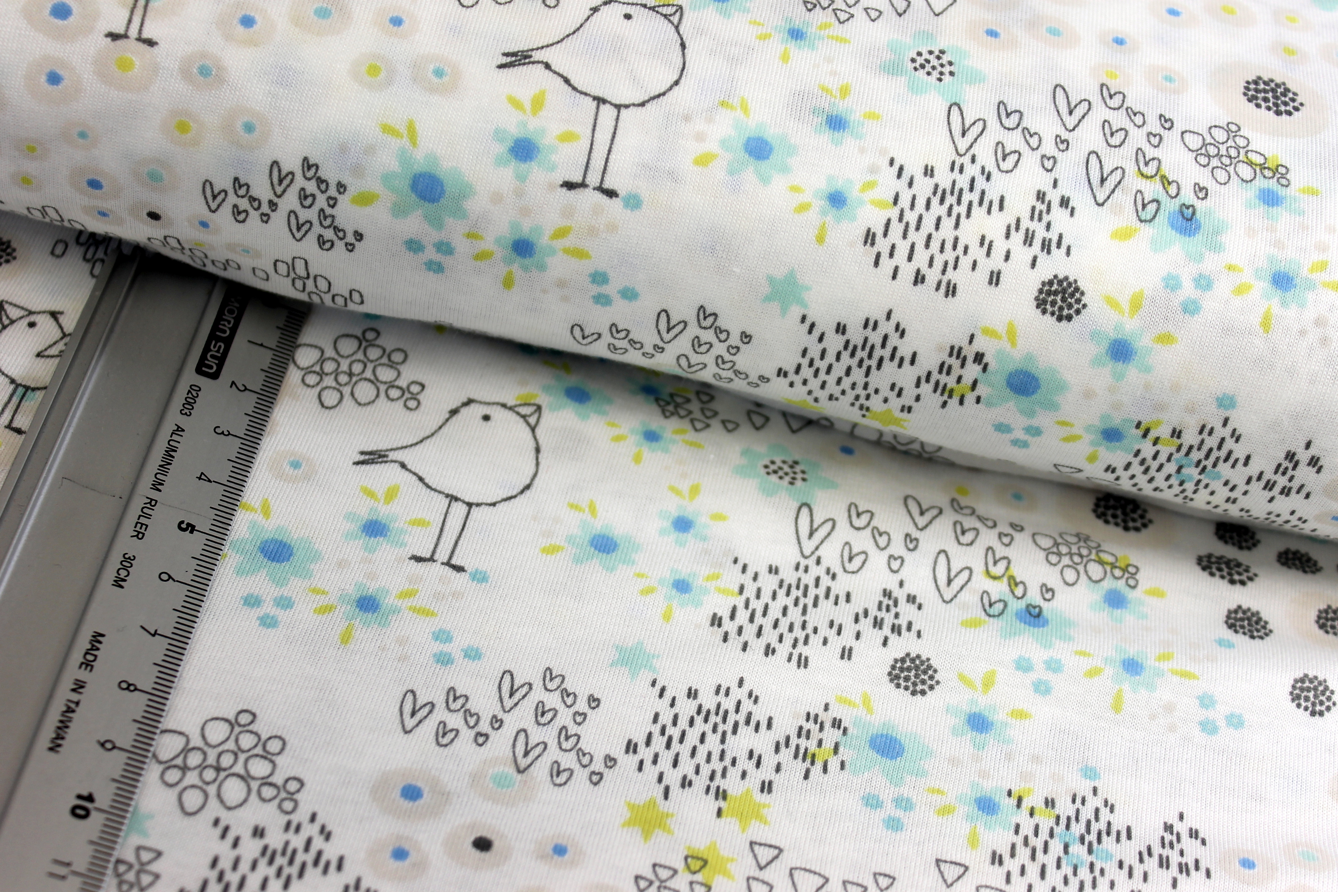 Interlock | bedruckt | birdy | blau/türkis/gelb | creme